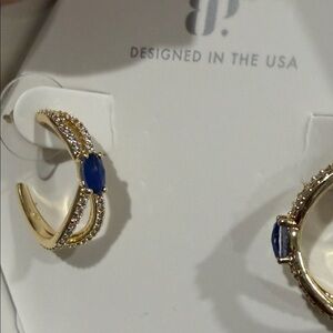 Gold Hoop Earrings with Blue Stone and Pavé Accents